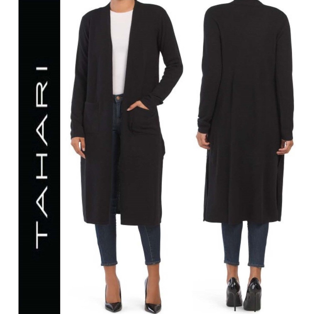 Tahari Black Duster Cardigan Open‎ Front Long Sleeve Pockets - L